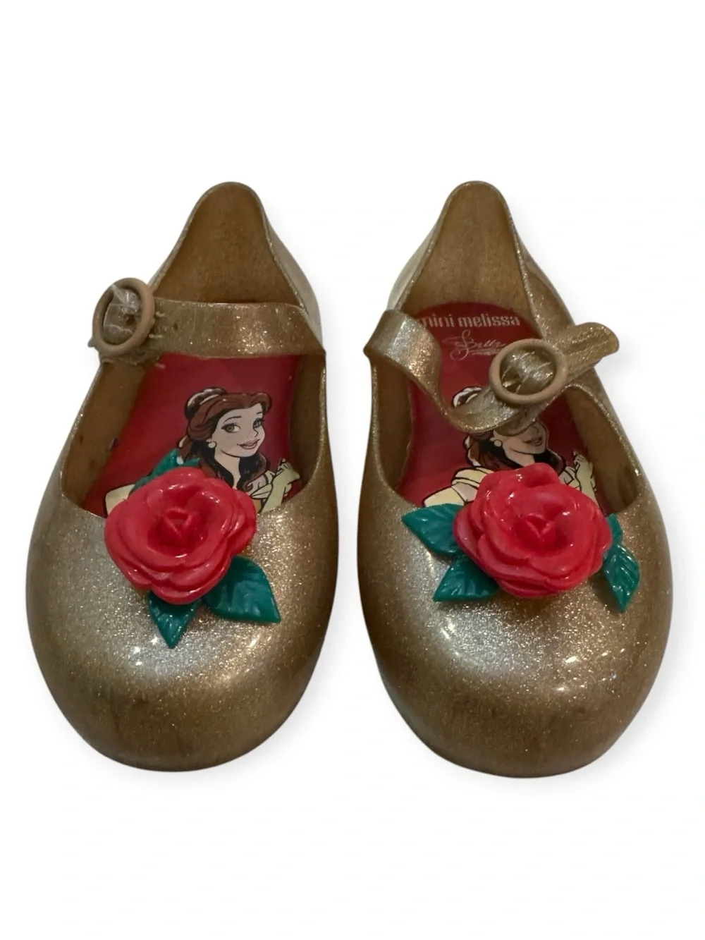Mini Melissa x Disney Belle Gold Glitter Rose Mary Jane Shoes Toddler 9